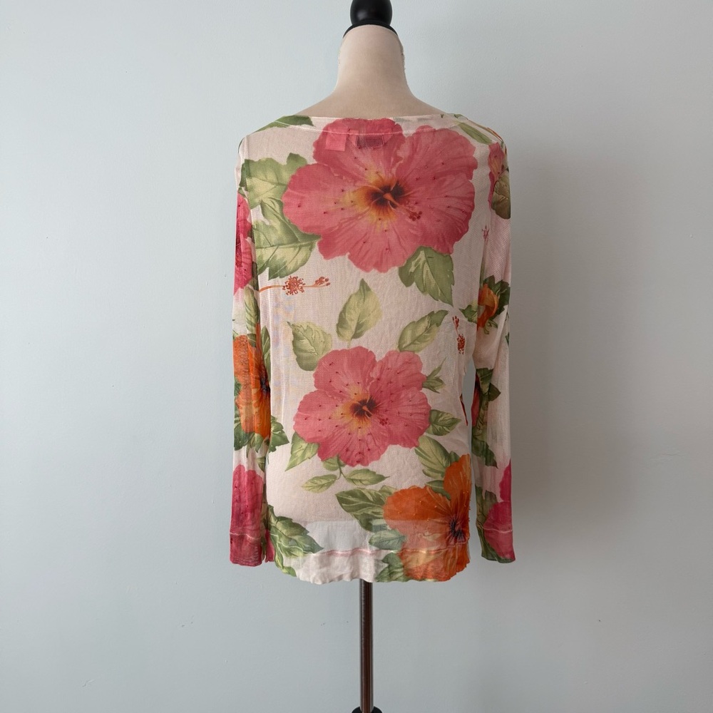 Tommy Bahama | Sheer Floral Mesh Top Cover up Beaded Hibiscus Long Sleeve Sz M - Picture 8 of 11